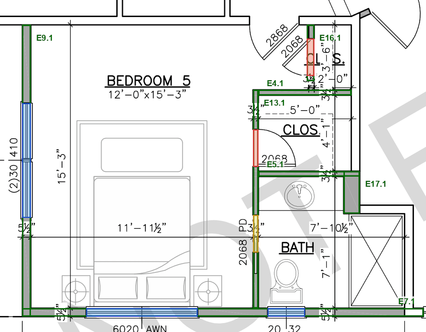 Bedroom 5 with walls highlighted and labeled E1, E2, E3, E4, E5, E6